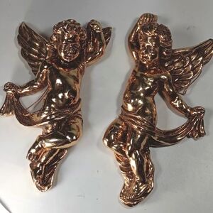 2 Cherubs Shiny Gold Tone Christmas Ornament Hollywood Regency Style Vtg.